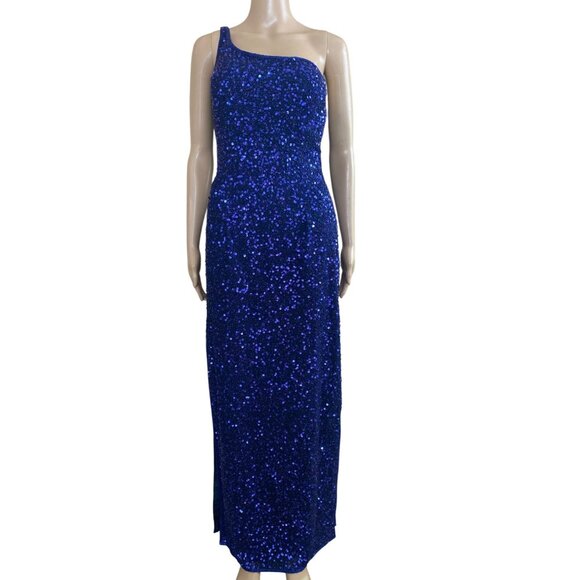 1990s Scala Royal Blue Sequin One Shoulder Gown Open Back Evening Dress Sz M - Picture 2 of 16